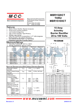 MBR1535CT datasheet - 15 Amp Schottky Barrier Rectifier 20 to 100 Volts