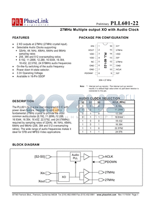 PLL601-22 datasheet - 27MHz Multiple output XO with Audio Clock