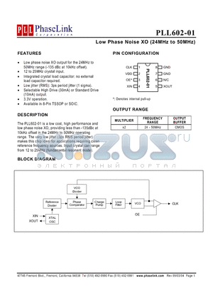 PLL602-01HOC-R datasheet - Low Phase Noise XO (24MHz to 50MHz)