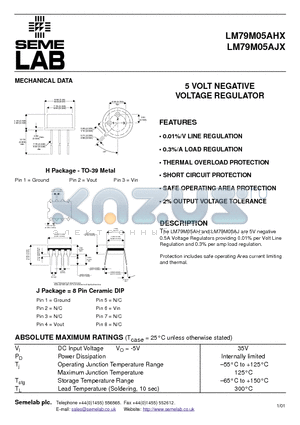 LM79M05AHX datasheet - 5 VOLT NEGATIVE VOLTAGE REGULATOR