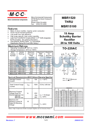 MBR1540 datasheet - 15 Amp Schottky Barrier Rectifier 20 to 100 Volts