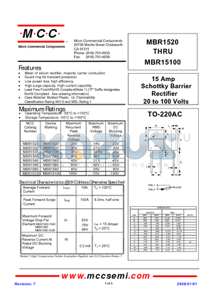 MBR1545 datasheet - 15 Amp Schottky Barrier Rectifier 20 to 100 Volts