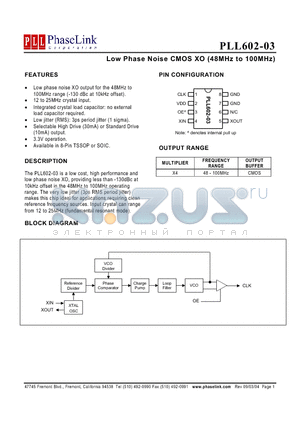 PLL602-03OC-R datasheet - Low Phase Noise CMOS XO (48MHz to 100MHz)