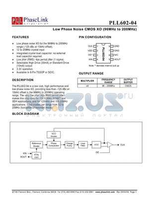 PLL602-04OC-R datasheet - Low Phase Noise CMOS XO (96MHz to 200MHz)