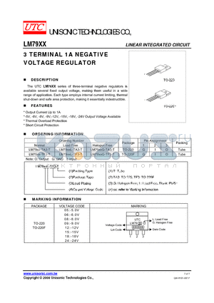LM79XXL-TA3-T datasheet - 3 TERMINAL 1A NEGATIVE VOLTAGE REGULATOR