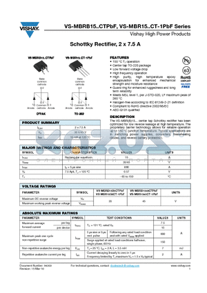 MBR1545CT-1PBF datasheet - Schottky Rectifier, 2 x 7.5 A