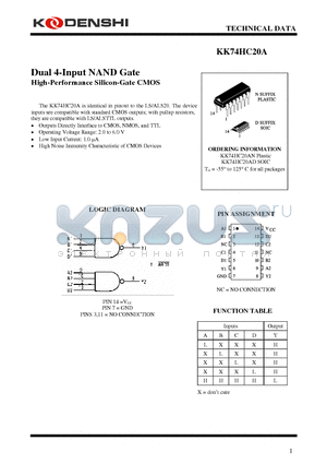 KK74HC20A datasheet - Dual 4-Input NAND Gate High-Performance Silicon-Gate CMOS