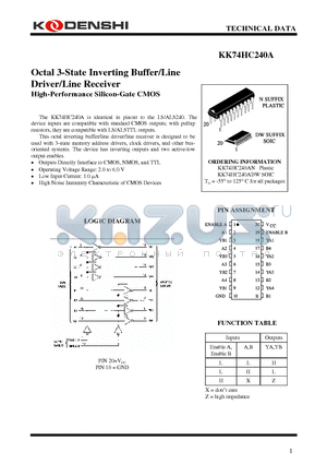 KK74HC240A datasheet - Octal 3-State Inverting Buffer/Line Driver/Line Receiver High-Performance Silicon-Gate CMOS