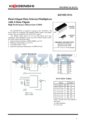 KK74HC253AD datasheet - Dual 4-Input Data Selector/Multiplexer with 3-State Otputs High-Performance Silicon-Gate CMOS