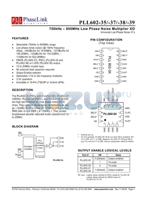 PLL602-38OC-R datasheet - 750kHz -800MHz Low Phase Noise Multiplier XO