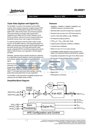 ISL98001CQZ-275 datasheet - Triple Video Digitizer with Digital PLL