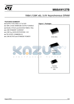 M68AW127BL10NK1T datasheet - 1Mbit 128K x8, 3.0V Asynchronous SRAM