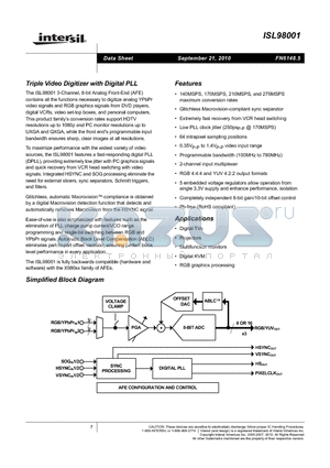 ISL98001CQZ-275 datasheet - Triple Video Digitizer with Digital PLL