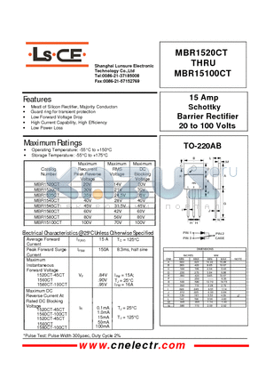 MBR1560CT datasheet - 15Amp schottky barrier rectifier 20to100 volts