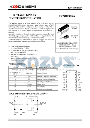 KK74HC4060AN datasheet - 14 STAGE BINARY COUNTER/OSCILLATOR