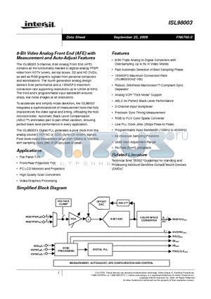 ISL98003 datasheet - 8-Bit Video Analog Front End (AFE) with Measurement and Auto-Adjust Features