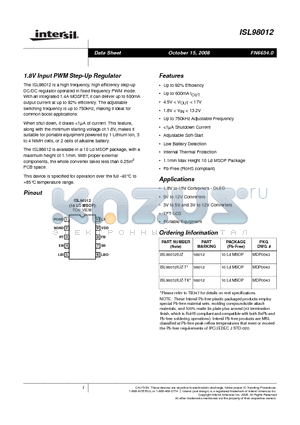 ISL98012 datasheet - 1.8V Input PWM Step-Up Regulator