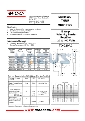 MBR1580 datasheet - 15 Amp Schottky Barrier Rectifier 20 to 100 Volts