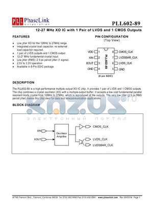 PLL602-89 datasheet - 12-27 MHz XO IC with 1 Pair of LVDS and 1 CMOS Outputs