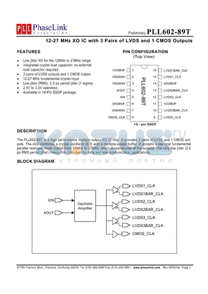 PLL602-89TXC-R datasheet - 12-27 MHz XO IC with 3 Pairs of LVDS and 1 CMOS Outputs