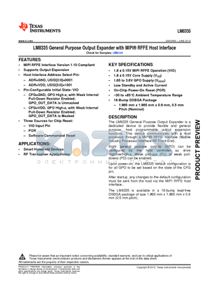 LM8335TLX datasheet - LM8335 General Purpose Output Expander with MIPI^ RFFE Host Interface