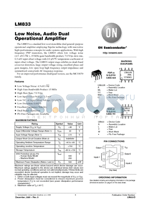 LM833 datasheet - Low Noise, Audio Dual Operational Amplifier