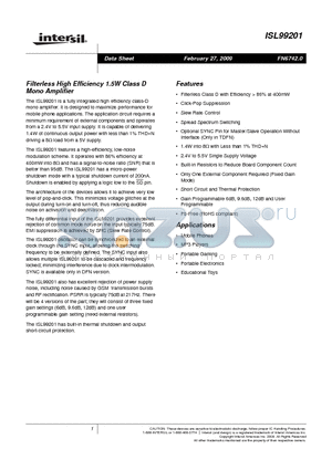 ISL99201IRTAZ-T datasheet - Filterless High Efficiency 1.5W Class D Mono Amplifier