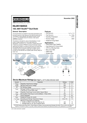 ISL9K1560G3 datasheet - 15A, 600V Stealth Dual Diode