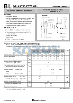 MBR16100 datasheet - SCHOTTKY BARRIER RECTIFIER