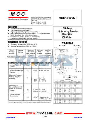 MBR16100CT datasheet - 16 Amp Schootky Barrier Rectifier 100 Volts