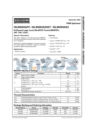 ISL9N303AP3 datasheet - N-Channel Logic Level UltraFET Trench MOSFETs 30V, 75A, 3.2m