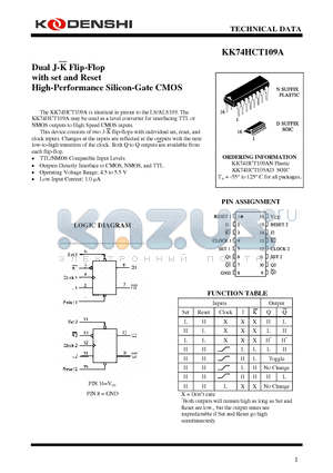 KK74HCT109AN datasheet - Dual J-K Flip-Flop with set and Reset High-Performance Silicon-Gate CMOS