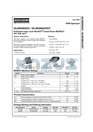 ISL9N308AD3 datasheet - N-Channel Logic Level UltraFET Trench Power MOSFETs 30V, 50A, 8m