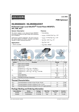 ISL9N308AD3ST datasheet - N-Channel Logic Level UltraFET Trench Power MOSFETs 30V, 50A, 8m