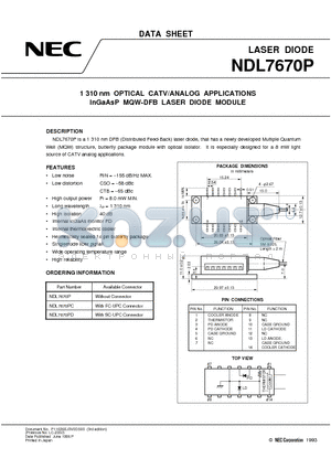 NDL7670P datasheet - 1310 nm OPTICAL CATV/ANALOG APPLICATIONS InGaAsP MQW-DFB LASER DIODE MODULE