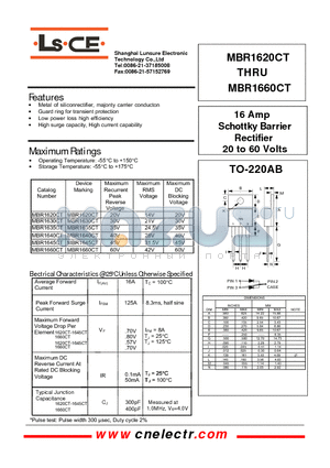 MBR1620CT datasheet - 16Amp schottky barrier rectifier 20to60 volts