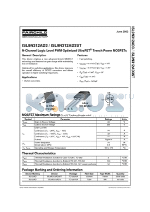 ISL9N312AD3ST datasheet - N-Channel Logic Level PWM Optimized UltraFET Trench Power MOSFETs