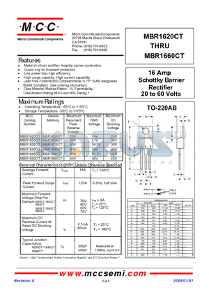 MBR1620CT datasheet - 16 Amp Schottky Barrier Rectifier 20 to 60 Volts