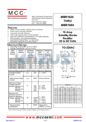 MBR1630 datasheet - 16 Amp Schottky Barrier Rectifier 20 to 60 Volts