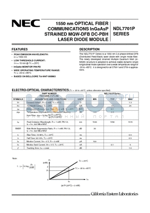 NDL7701P2 datasheet - 1550 nm OPTICAL FIBER COMMUNICATIONS InGaAsP STRAINED MQW-DFB DC-PBH LASER DIODE MODULE