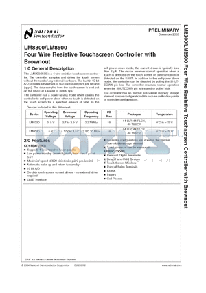 LM8500HVA9 datasheet - Four Wire Resistive Touchscreen Controller with Brownout
