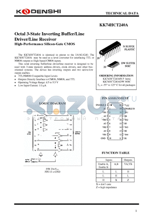 KK74HCT240A datasheet - Octal 3-State Inverting Buffer/Line Driver/Line Receiver High-Performance Silicon-Gate CMOS