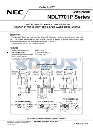 NDL7701PC datasheet - 1 550 nm OPTICAL FIBER COMMUNICATIONS InGaAsP STRAINED MQW DFB DC-PBH LASER DIODE MODULE