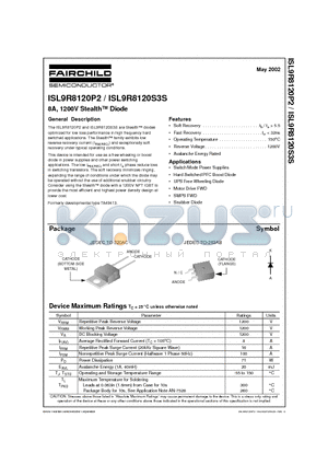 ISL9R8120P2 datasheet - 8A, 1200V Stealth Diode