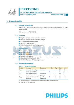 PBSS301ND datasheet - 20 V, 4 A NPN low VCEsat (BISS) transistor