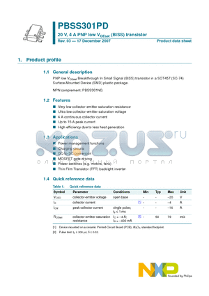 PBSS301PD datasheet - 20 V, 4 A PNP low VCEsat (BISS) transistor