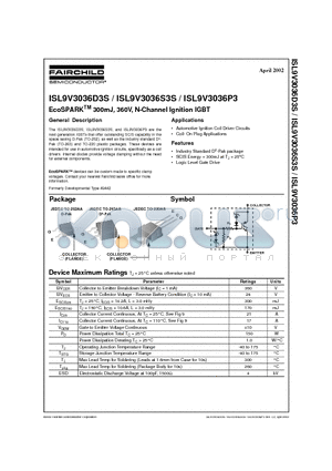 ISL9V3036D3S datasheet - EcoSPARKTM 300mJ, 360V, N-Channel Ignition IGBT