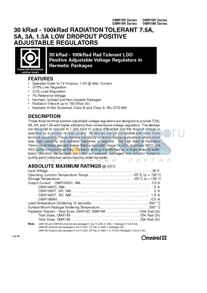 OMR184NMM datasheet - 30 kRad - 100kRad RADIATION TOLERANT 7.5A, 5A, 3A, 1.5A LOW DROPOUT POSITIVE ADJUSTABLE REGULATORS