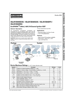 ISL9V3040S3S datasheet - EcoSPARKTM 300mJ, 400V, N-Channel Ignition IGBT