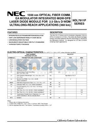 NDL7911PD541 datasheet - 1550 nm OPTICAL FIBER COMM EA MODULATOR INTEGRATED MQW-DFB LASER DIODE MODULE FOR 2.5 Gb/s D-WDM ULTRALONG-REACH APPLICATIONS (360 km)